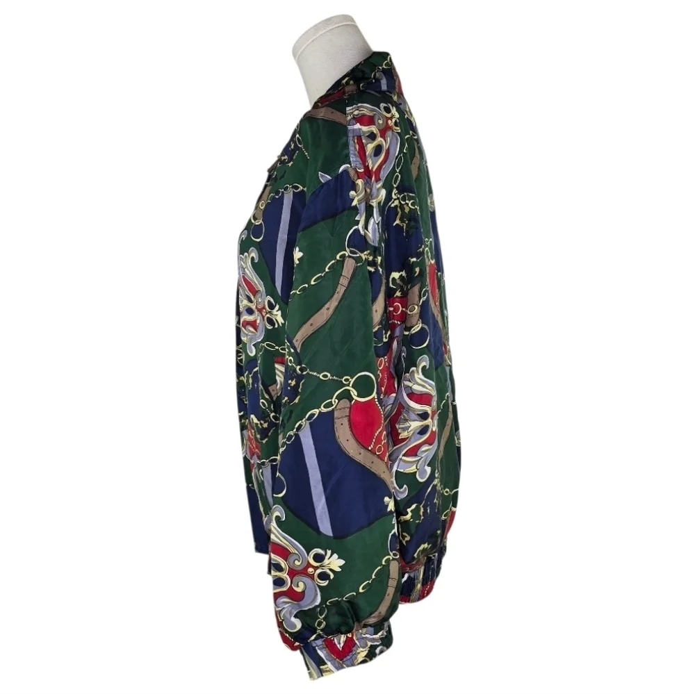 Fu Da Intl Vintage Silk Chain Print Bomber Jacket 90s Equestrian Scarf - Picture 4 of 10